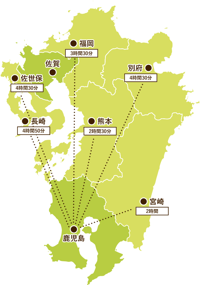 鹿児島から九州各地への貸切バス所要時間